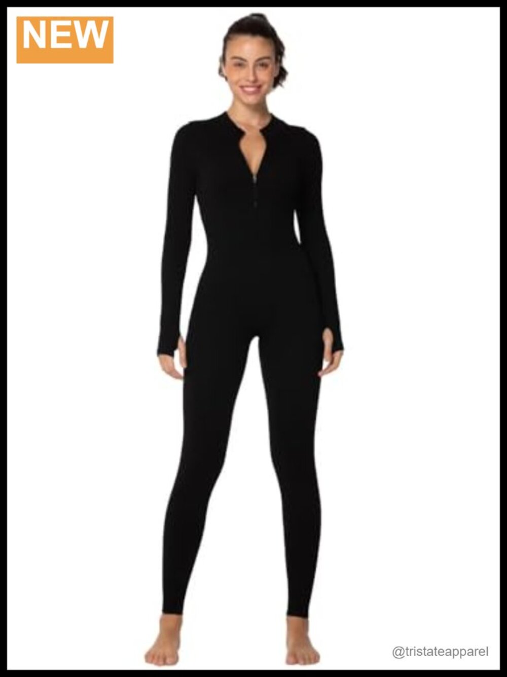 Ribbed Long Sleeve Zip Front Yoga Jumpsuit with Thumbholes